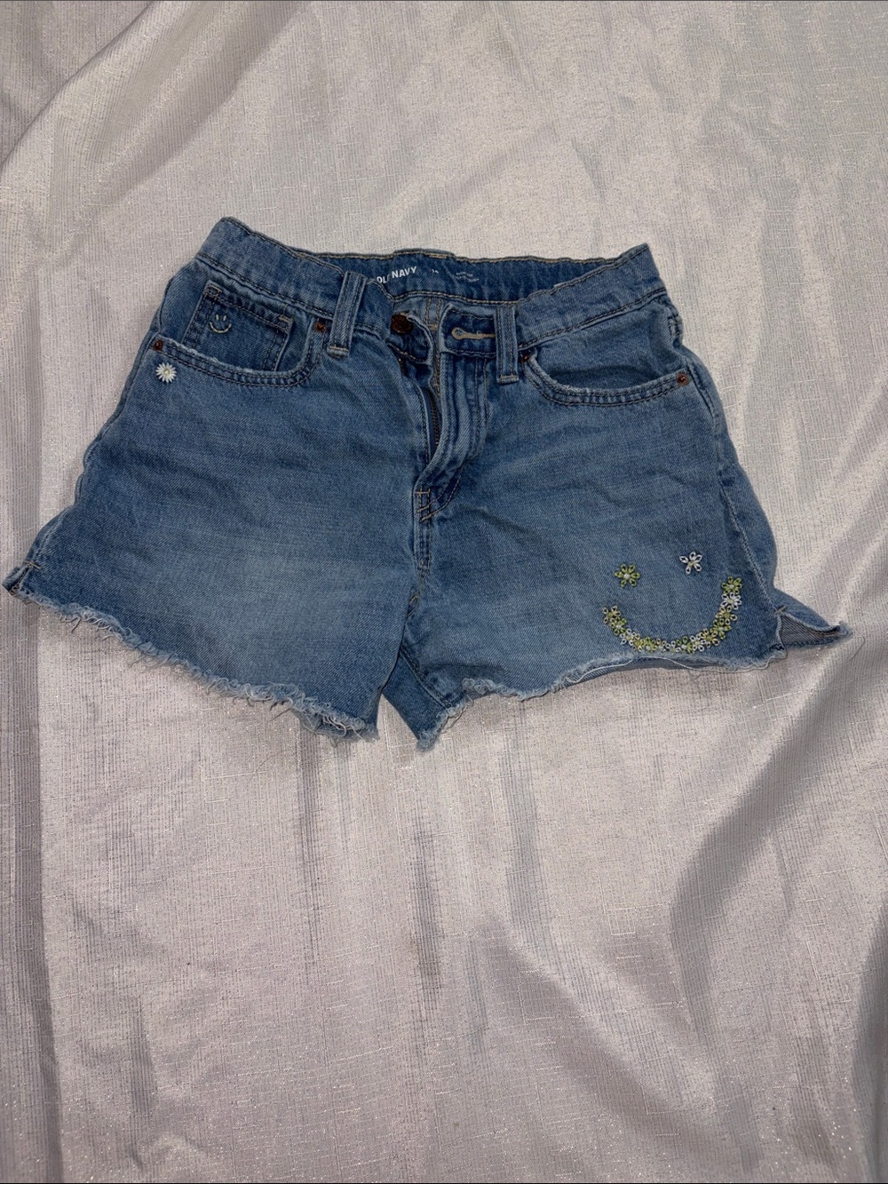 Old Navy Light Blue Denim Shorts with Embroidered Smile